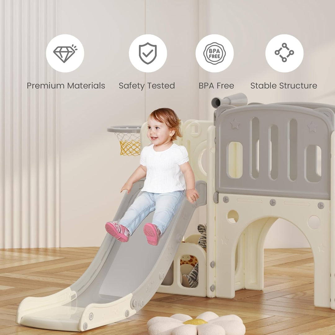 hoopyosms Kinder Rutsche mit Klettergerüst, Basketballkorb und Tunnel, Indoor-Kunststoffrutschenset