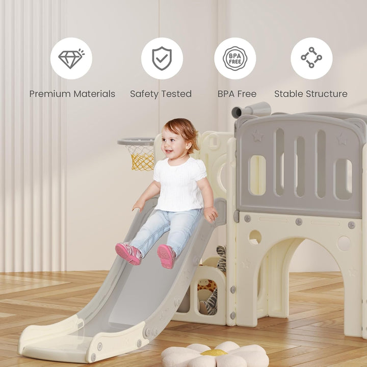hoopyosms Kinder Rutsche mit Klettergerüst, Basketballkorb und Tunnel, Indoor-Kunststoffrutschenset