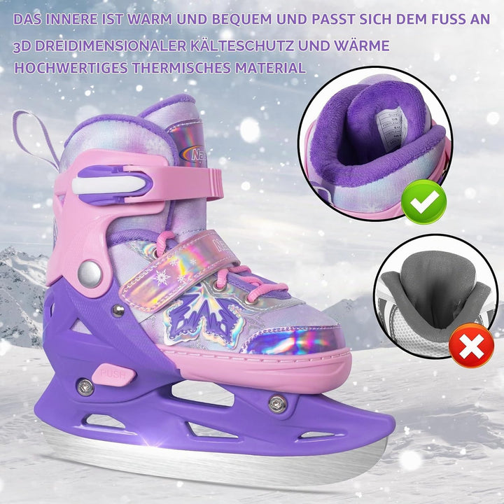 Nattork verstellbare Kinder Eisrutschen - 4 Grösse Schneeflocken Spitze-Up Skates mit warmem Plüsch