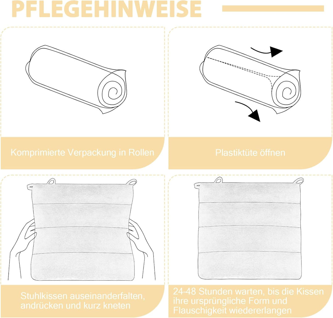 Dicke Sitzkissen 2er Set Cord – Stuhlkissen mit Rutschfester Unterseite & Bindebändern, Stuhlauflage