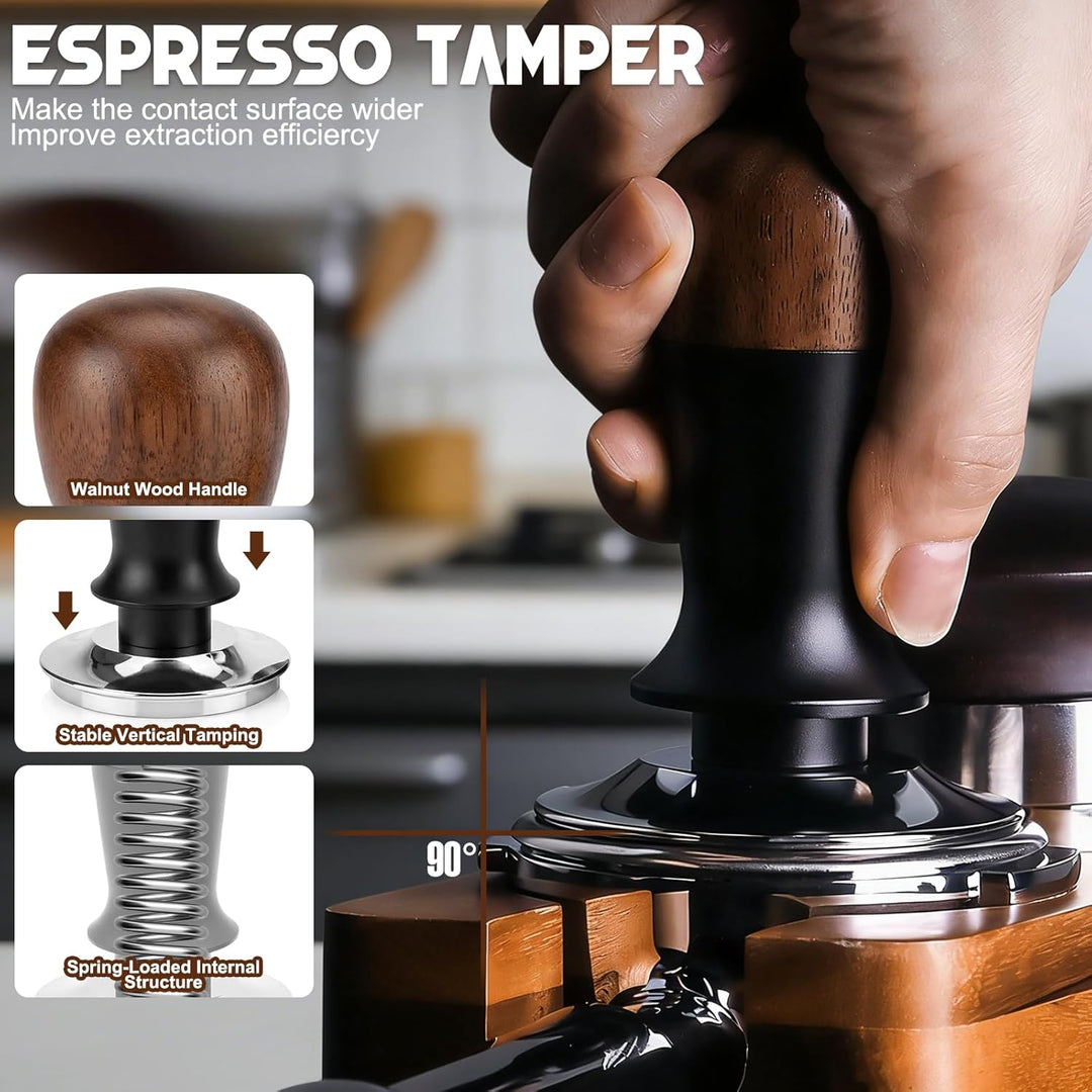 Kaffeetamper Set 58 mm aus Edelstahl – Espresso Tamper mit Holzgriff, Espressopulver-Distributor & S