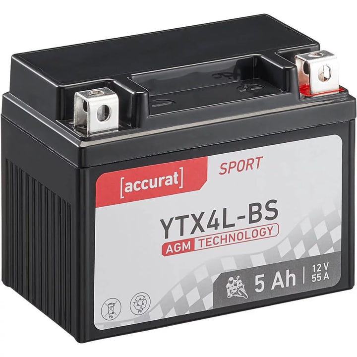Motorradbatterie YTX4L-BS - 12V, 4Ah, 55A, rüttelfest, wartungsfrei - Starterbatterie, AGM Batterie
