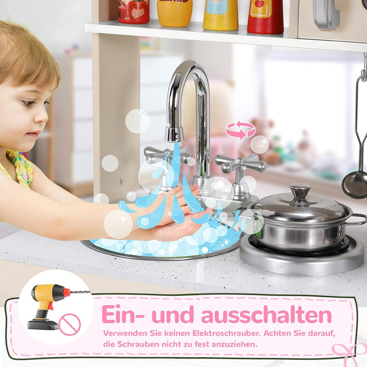 MAMIZO Kinderküche mit Licht und Sound, Puppenküche Holz, kinderküchen mit Herd, Eismaschine, Telefo