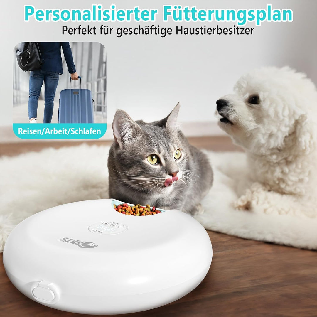 Ownpets 6 Mahlzeiten Automatischer Katzenfutterautomat für Nass/Trockenfutter, mit 2 Kühlakkus, prog