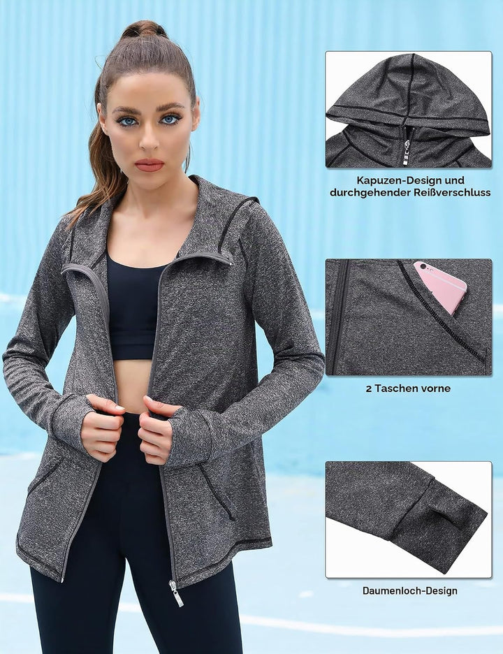 Sykooria Damen Sweatjacke Langarm Trainingsjacke Laufjacke Hoodie Leichte Atmungsaktiv Sportjacke vo