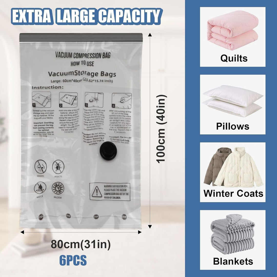 80×100 cm Vakuumbeutel für Kleidung 6 Stück Gross Vakuumbeutel für Bettdecken Feuchtigkeits Vacuum S