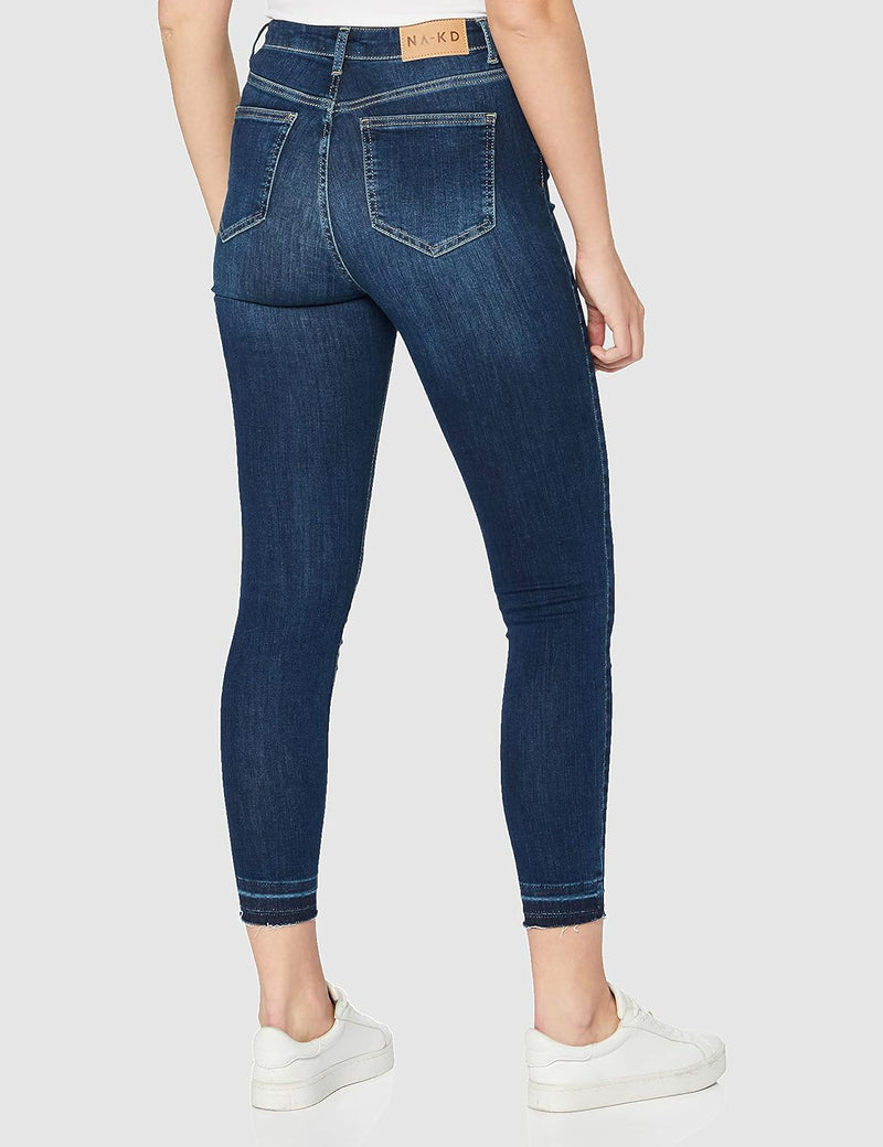 NA-KD Damen Skinny High Waist Open Hem Jeans, dunkelblau, 32 EU
