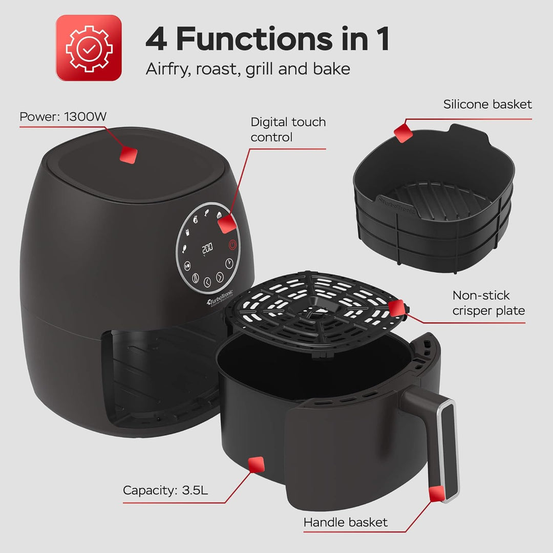 Heissluftfritteuse 3,5L NEU mit Silikoneinlage Airfyer für 0,3 kg Pommes Power 75-200°C 1300 W, 6 Pr