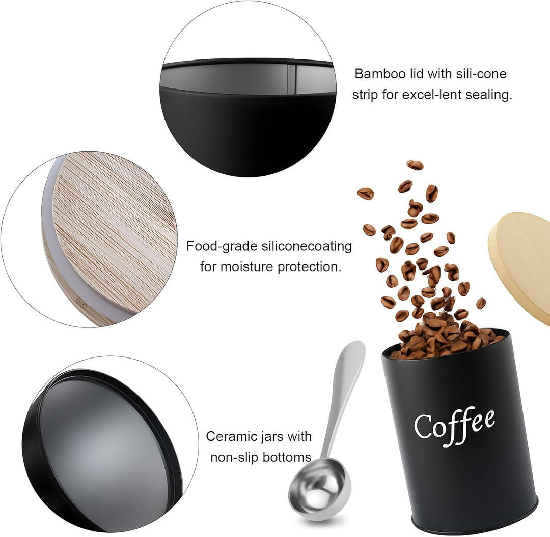 2 Stück Kaffeedose luftdicht, schwarz Kaffeepads Aufbewahrung, mit Holzdeckel, Löffel, 500ml, für Ka