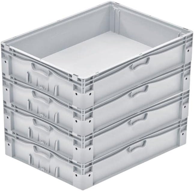 SparSet 4x Euro-Norm Grossbehälter | HxBxT 17x60x80cm | 72 Liter | Glatter Boden | Grau | Eurobehält