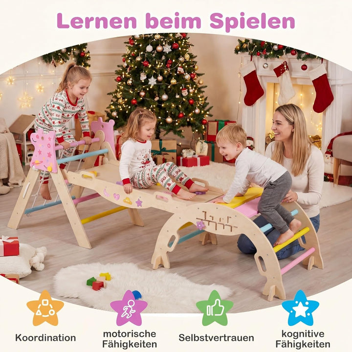 GOPLUS 8-in-1 Klettergerüst Indoor, Kletterdreieck Holz, 4er Set Kletterspielzeug mit Kletternetz, K