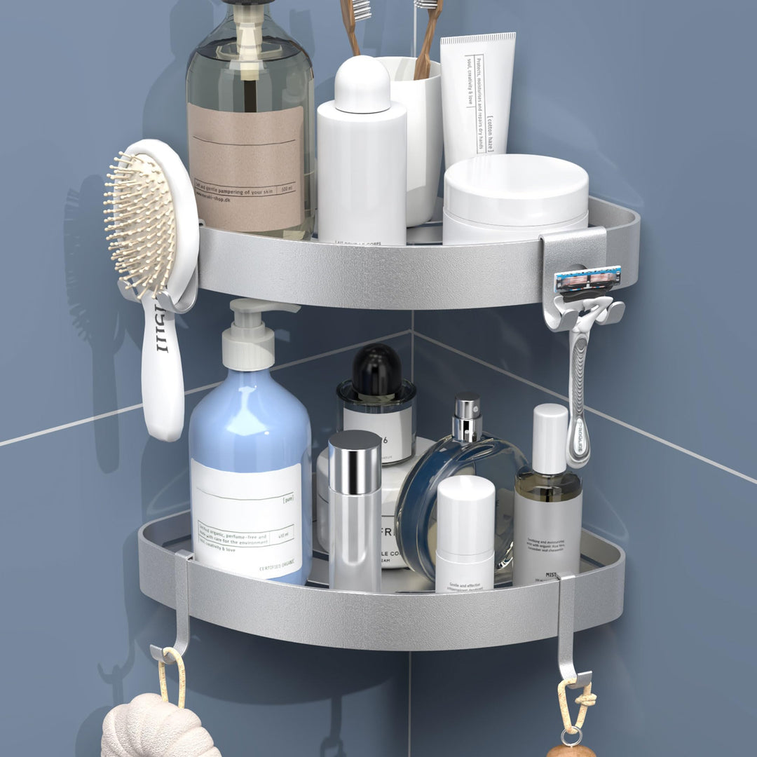 Duschablage Ohne Bohren Ecke Silber, Shampoo Halterung für Dusche und Rostschutz Duschregal-mit 4 Ha
