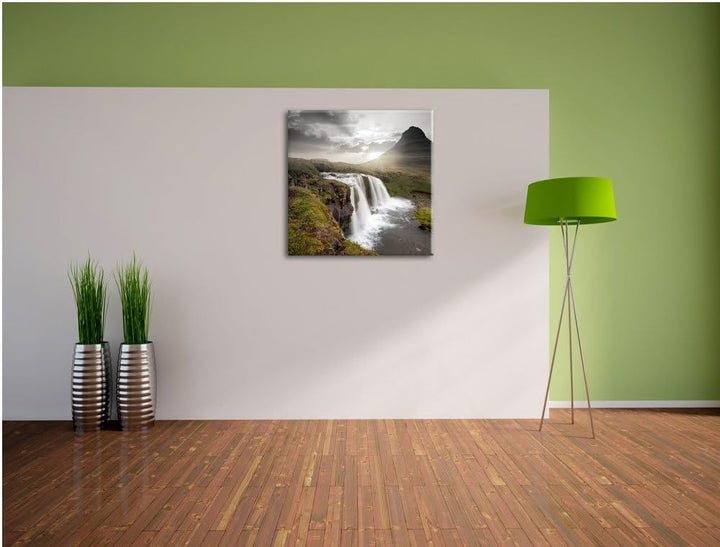 Pixxprint Wasserfall bei Sonnenuntergang als Leinwandbild Quadratisch/Grösse: 70x70 / Wandbild/Kunst