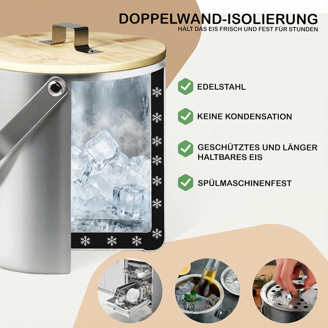 Premium Eiswürfelbehälter Mit Deckel Aus Bambus u. Zange 1,3L - Eiswürfelbehälter Gross - Eisbehälte