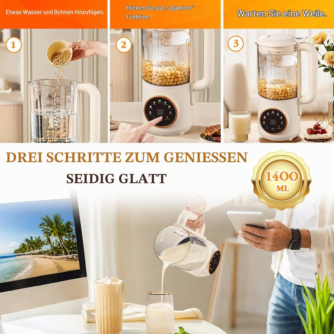 Automatische Pflanzenmilchbereiter,8in1 1400ml Sojamilch Maschine,Sojamilch Hersteller mit 16 Klinge