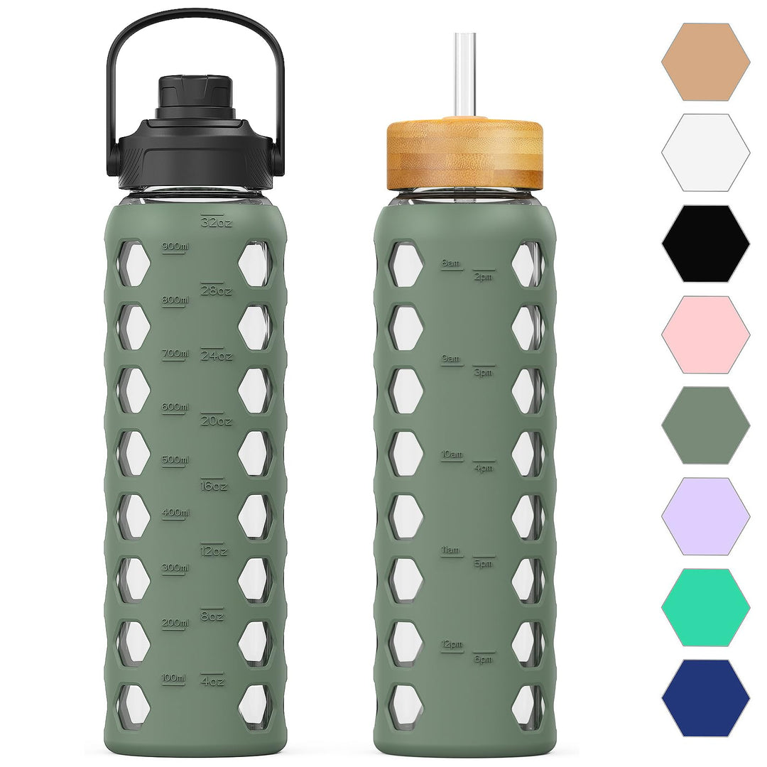 HYDRAGLAZIC 950ML Glaswasserflasche mit 2 Deckel Flip und Bambusstroh Deckel Sport Wasserbecher mit