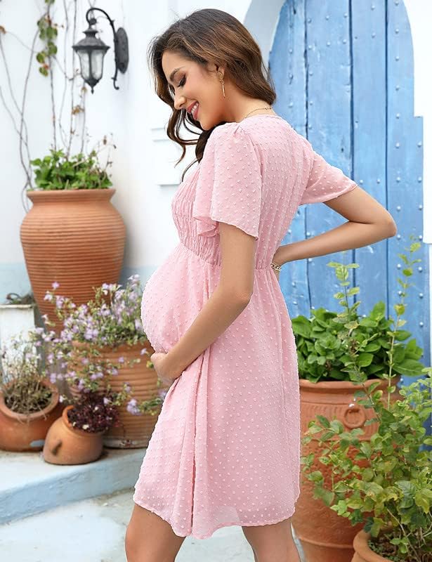 Clearlove Damen Schwangerschaftskleid aus Schweizer Pünktchen-Chiffon mit kurzen Ärmeln für den Somm