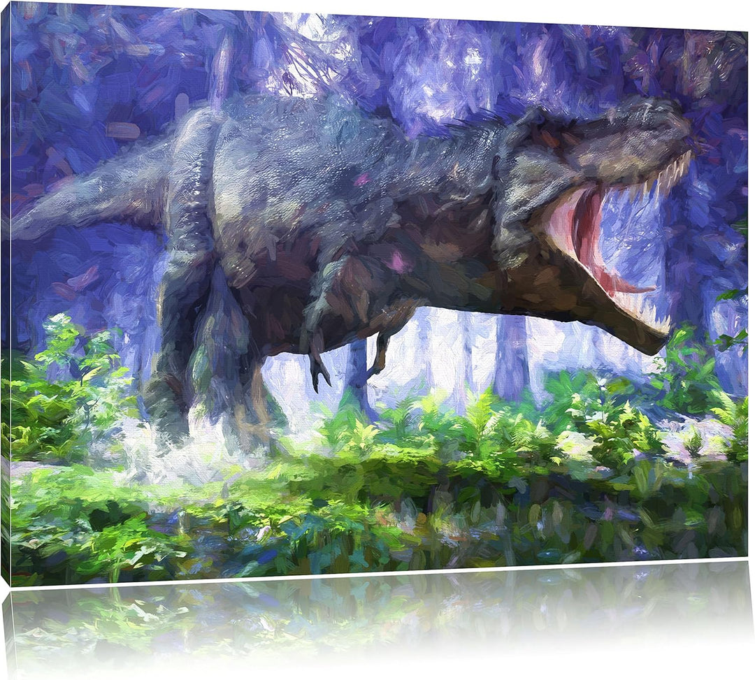 Pixxprint T-Rex Dinosaurier im Wald Kunst / 100x70cm Leinwandbild bespannt auf Holzrahmen/Wandbild K