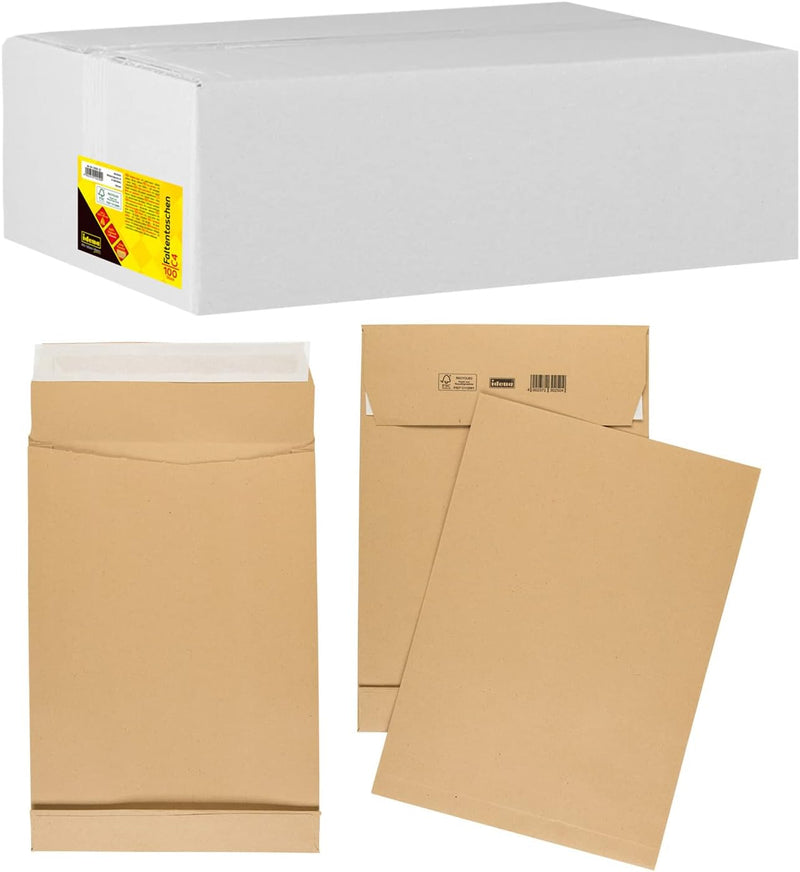 Idena 10250 - Versandtaschen DIN C4, 100 Stück haftklebend, Faltentaschen mit 4 cm Bodenfalte, Umsch