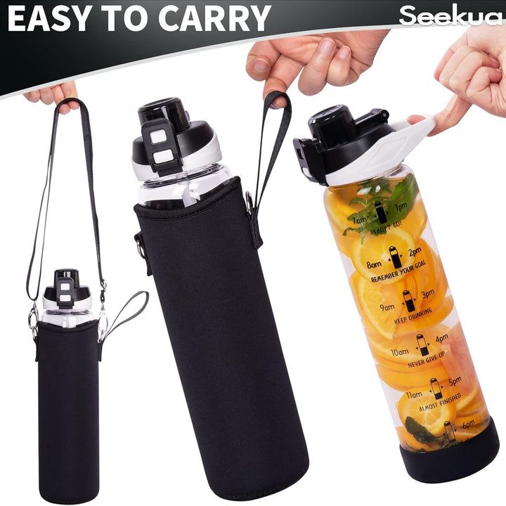 Seekua 1l Sport Trinkflasche Glas Flasche mit Strohhalm & Zeitmarkierung auslaufsicher bpa frei 1 li