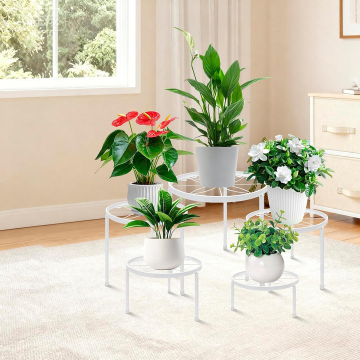 Blumenständer aus Metall, 5 Stück Weiss Pflanzenständer für Innen Aussen | Runde Pflanzenregal mit S