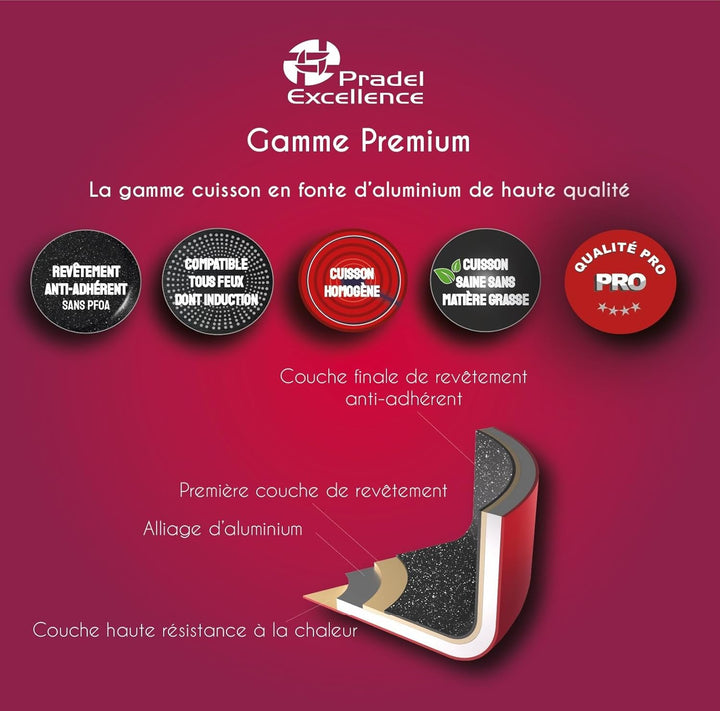 Pradel Excellence, 3 Stieltöpfe aus Premium-Aluminiumguss, Glasdeckel, Antihaftbeschichtung in Stein