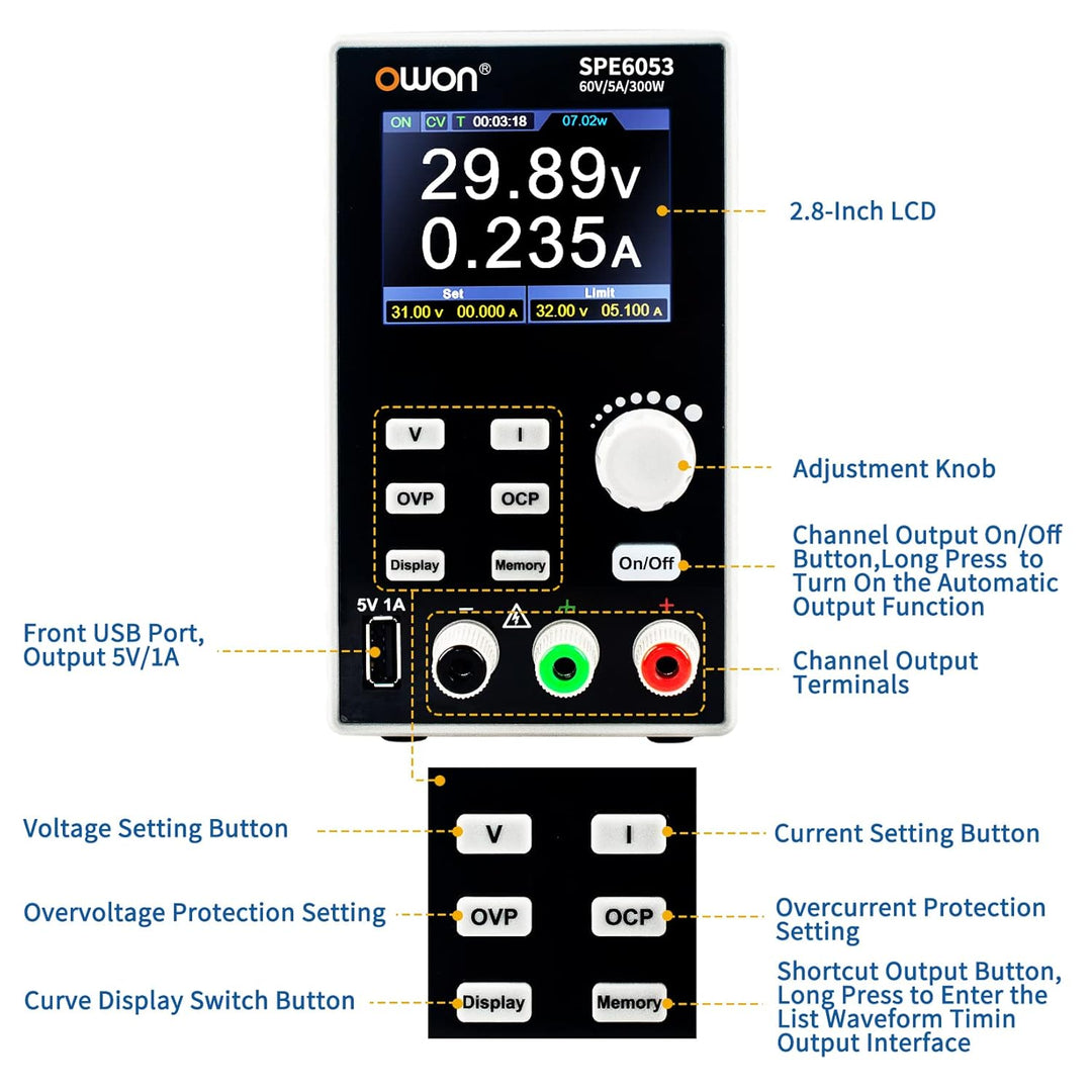 OWON SPE6053 Programmierbares Labornetzteil (0-60 V 0-5 A), 300-W-DC-Netzteil mit 2,8-Zoll-LCD-Displ