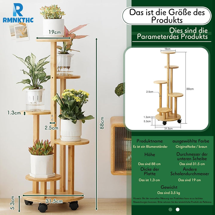 Bambus Blumenregal mit Rollen | 5-stufig 20kg Traglast | Naturmaterial wasserfest | Einfache Montage
