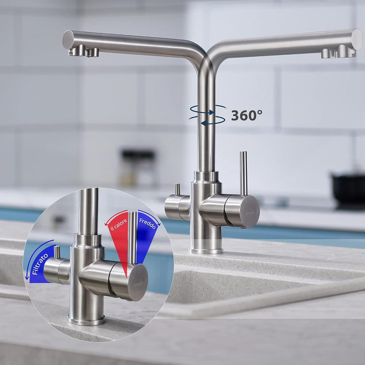 BONADE 3 Wege Wasserhahn Küche, 360° Drehbar Armatur Trinkwasserhahn mit 2 Hebel, Mischbatterie Küch