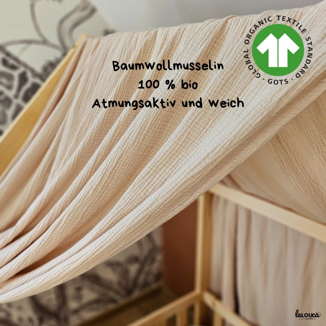 Hausbett Himmel, 100 x 350 cm, Betthimmel Hausbett aus Baumwolle Musselin Beige, Stoffhimmel für Kin