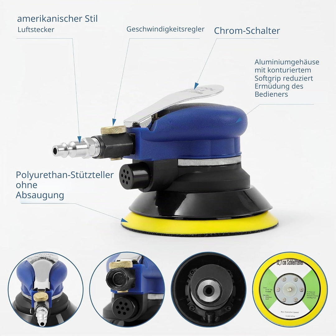 5 Zoll Luft-Random-Orbital-Schleifer, ohne Absaugung, 125mm pneumatischer Handschleifer mit 8 Schwam