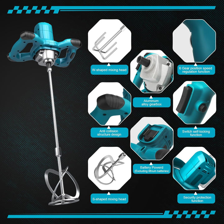 Akku Rührwerk für Farbe und Beton, Kompatibel mit Makita 18V Akku, Elektrischer Mörtelrührer mit 6 G