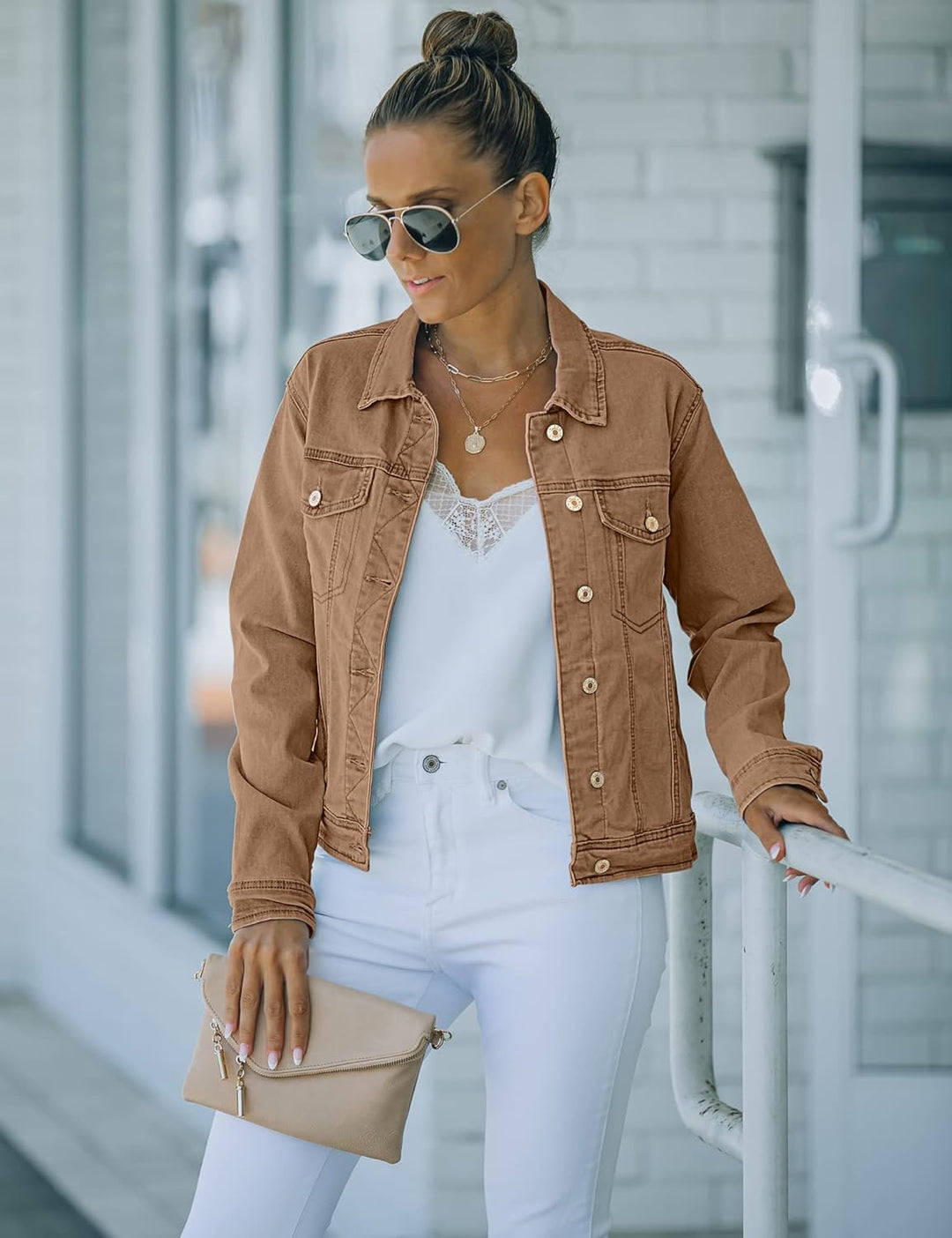 Roskiky Jeansjacken Damen Jean Stretchy Langarm Trucker Jacke mit Tasche XL Braun, XL Braun