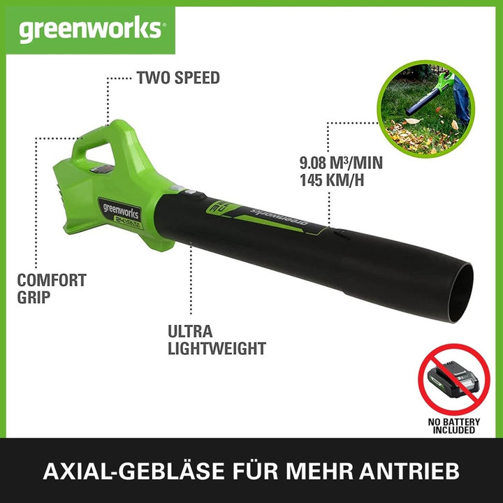 Greenworks G24ABII Axial Akku Laubbläser, 145 km/h, 9,08 m³/min OHNE 24V Akku & Ladegerät, 3 Jahre G