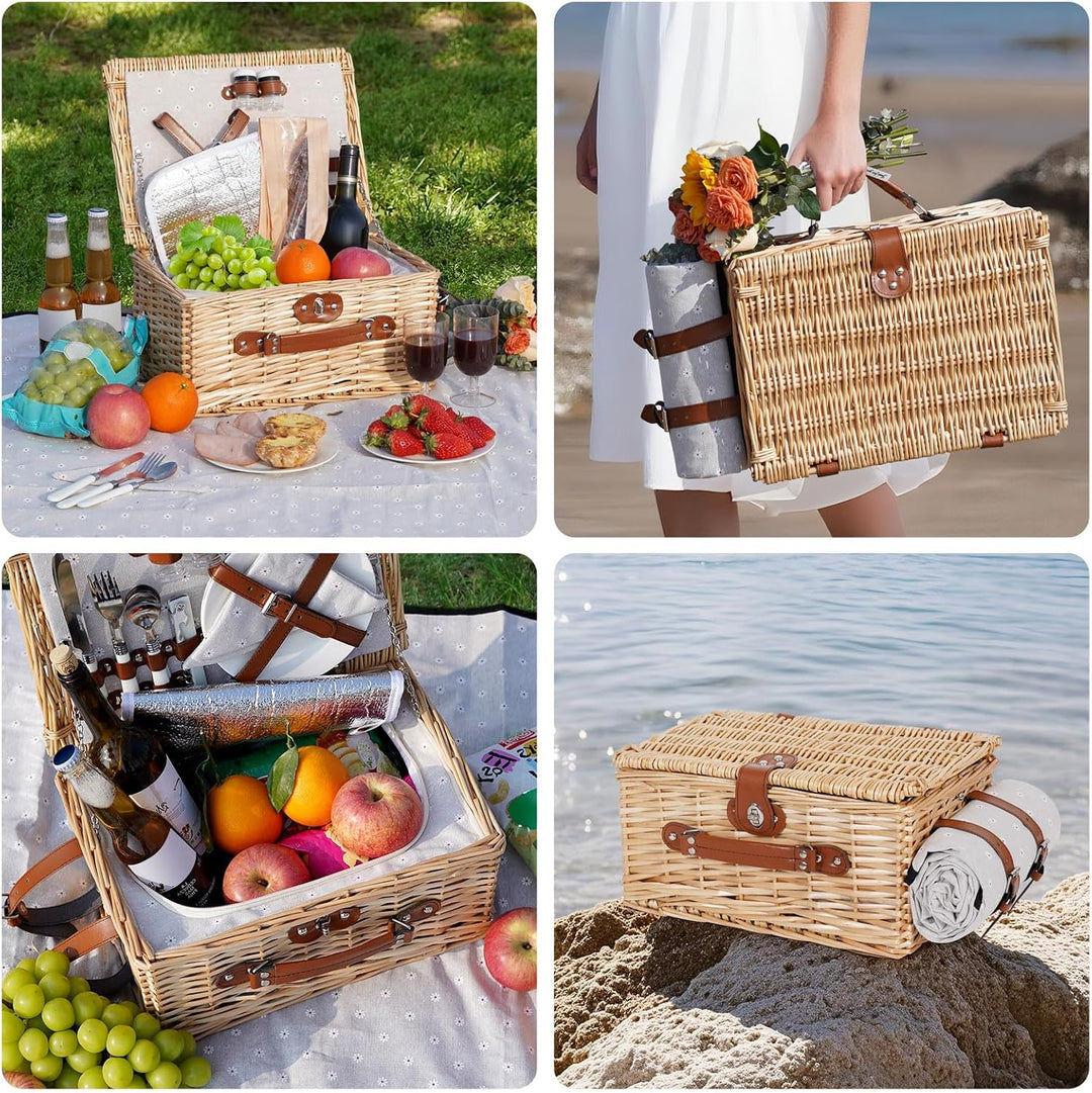 Picknickkorb für 2 Personen - Isolierter Vintage Weidenkorb mit wasserdichter Matte & Besteckset Paa