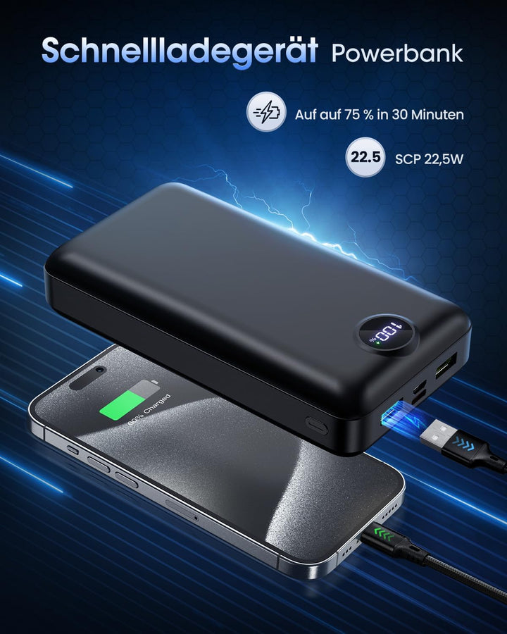 PowerBank 50000mAh grosse kapazität, 22,5W schnelles Aufladen externer Akku USB-C 3 Ausgänge und 2 E