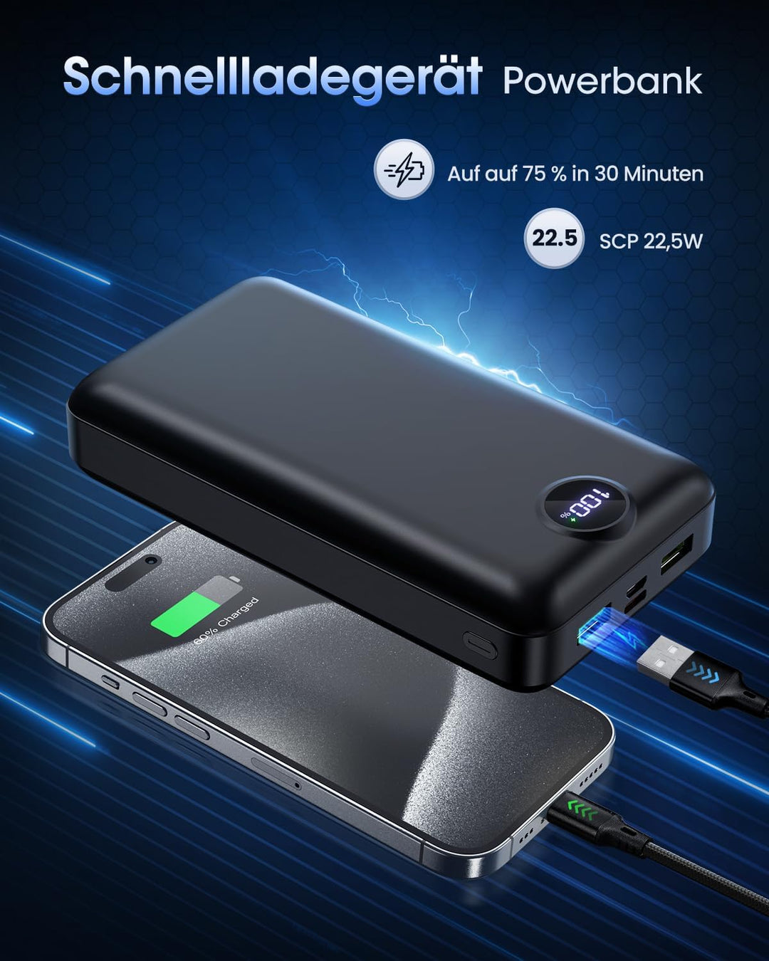 60000mAh Power Bank, 22,5W Powerbank PD USB-C Schnellladefunktion Externe Akku mit 4 Ausgänge und 3