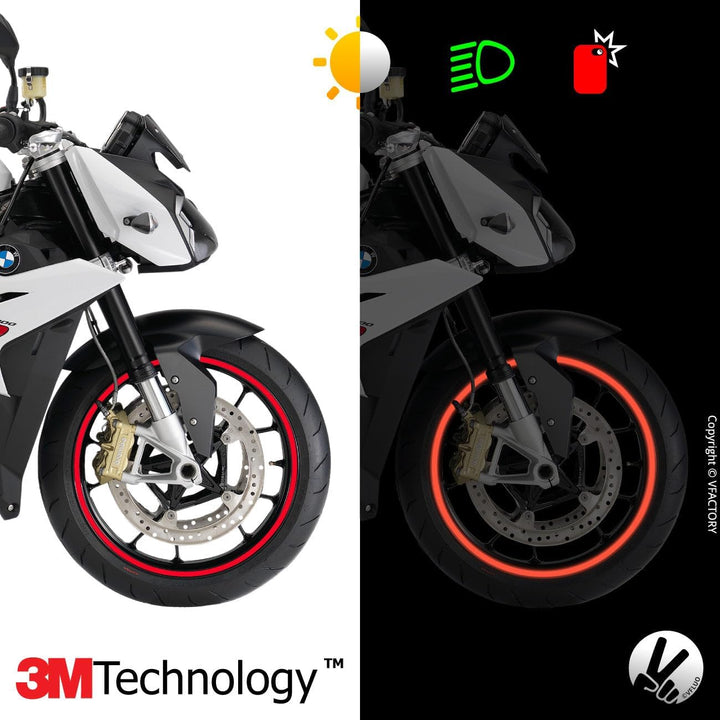 VFLUO - Kit Reflektierende Felgenrandaufkleber Motorrad, Aufkleber für 1 Rad 3M™-Technologie™, 360°-
