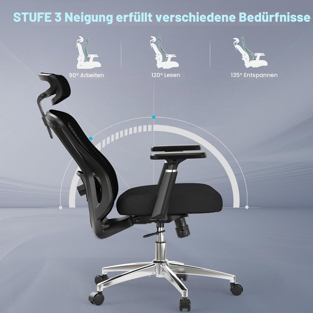 Farini Ergonomischer Bürostuhl, Heimbüro, Netzstuhl mit Lendenwirbelstütze, 3D-Armlehnen und Verstel