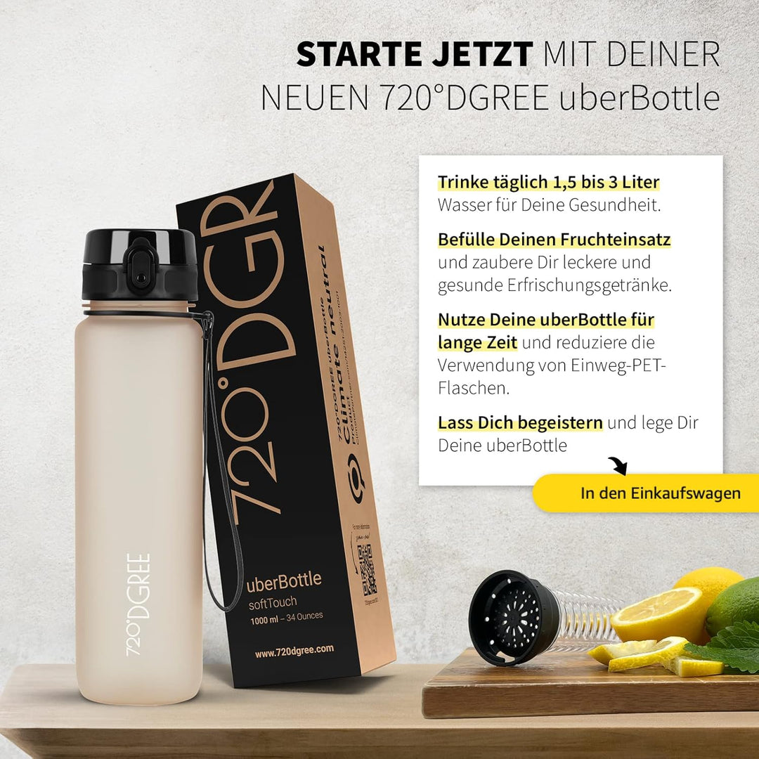720°DGREE Trinkflasche “uberBottle“ 350ml, 500ml, 650ml, 1l softTouch +Früchtebehälter - Auslaufsich