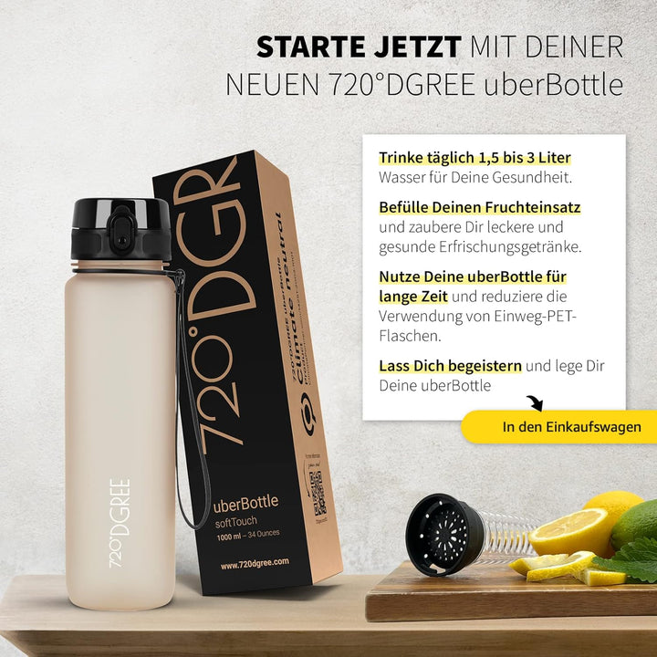 720°DGREE Trinkflasche “uberBottle“ 350ml, 500ml, 650ml, 1l softTouch +Früchtebehälter - Auslaufsich