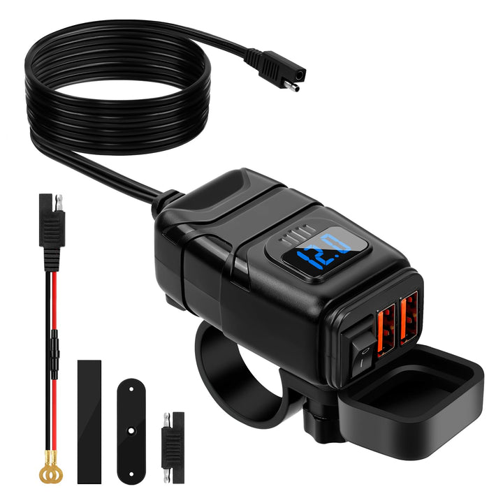 12V USB Steckdose Motorrad, Motorrad USB Ladegerät mit EIN-/Ausschalter und LED-Spannungsmesser, QC3