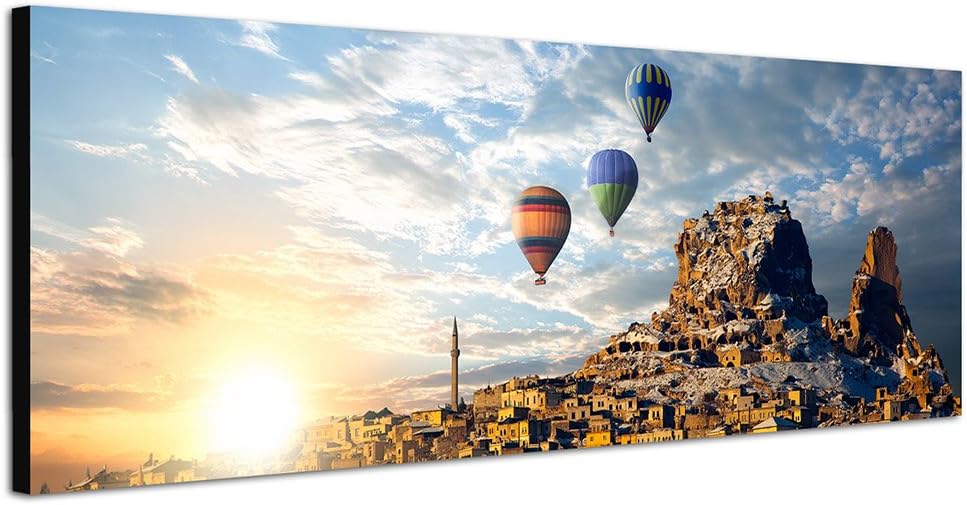 Paul Sinus Art Panoramabild auf Leinwand und Keilrahmen 150x50cm Italien Stadt Berg Heissluftballons