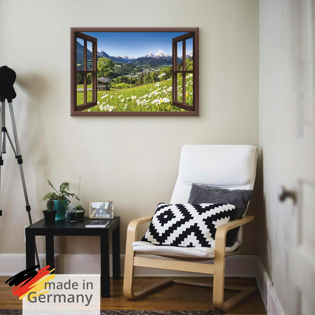 Artland Leinwandbild Wandbild Bild auf Leinwand 70x50 cm Wanddeko Fensterblick Fenster Alpen Landsch