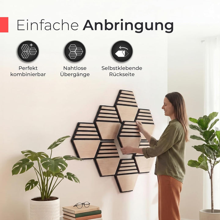 Akustikpaneele Holz selbstklebend – 9er-Set | Echtholz Eiche & Akustikfilz Schwarz | Hexagon 30x26cm