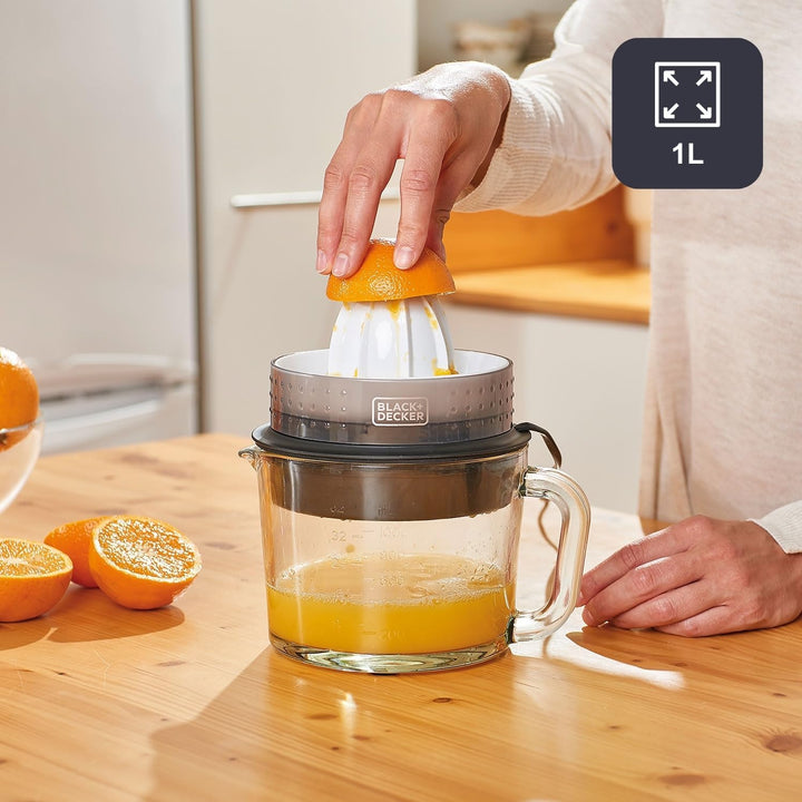 BLACK+DECKER Elektrische Zitruspresse | BXCJ30E | 30W | 1 Liter | Mit Glaskanne | Weiss-Transparent