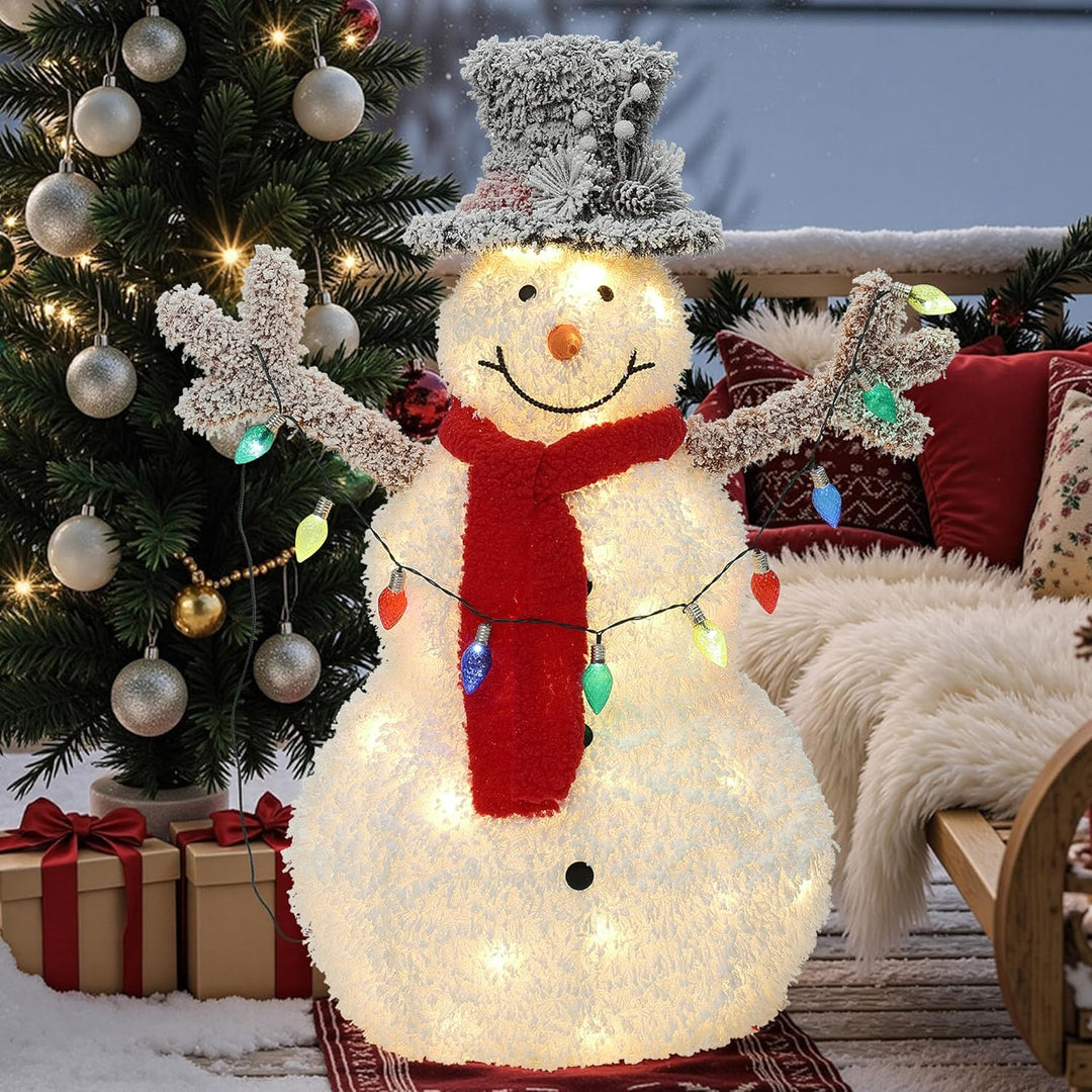 Hometopia LED Schneemann Deko mit Zylinderhut, Rotem Schal Leuchtende Weihnachtsfigur für Innen und