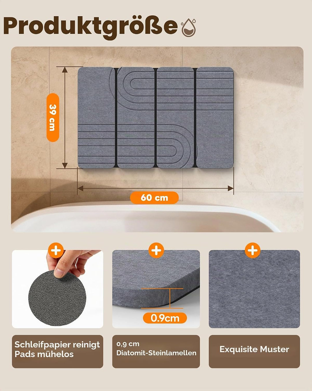 iHomara Faltbare Diatomee Erde Badematte, Schnelltrockner Stein Badezimmer Matte, 60cm x39cm x0.9cm