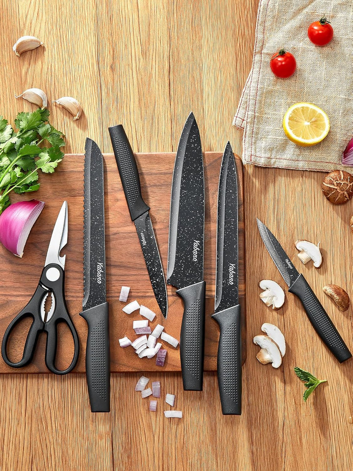 Yabano Messerblock Set, 7 teilig Messerset mit Messerblock und integriertem Messerschärfer,Küchenmes