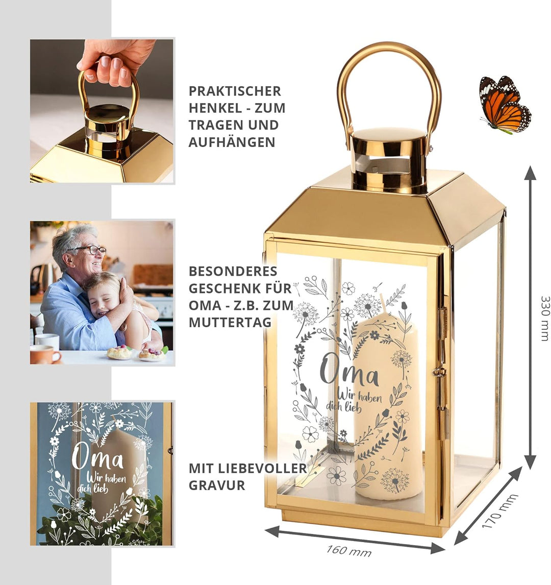 Laterne mit Gravur für Oma, Deko Kerzen Windlicht, Geschenk für Oma, Outdoor Garten Dekoration, Grav